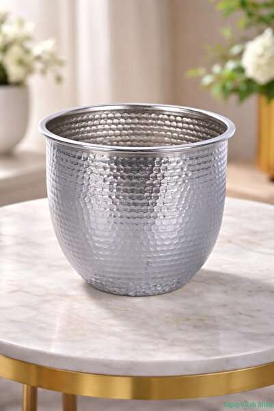 Yapay Çiçek Sitesi Metal Darbeli Cezve Saksı 14 cm Gümüş