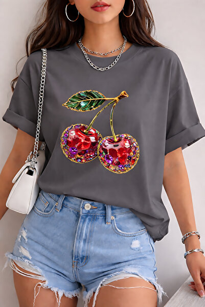 ArtYus Μπλουζάκι Unisex Oversize με στάμπα κεράσι και όψη πέτρας – Βαμβακερό ...