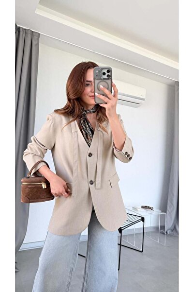 pelin yıldız butik Taş Rengi İp Detaylı Blazer Ceket