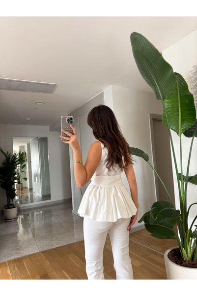 MODAMERSİ Women's White Belted V-Neck Blouse