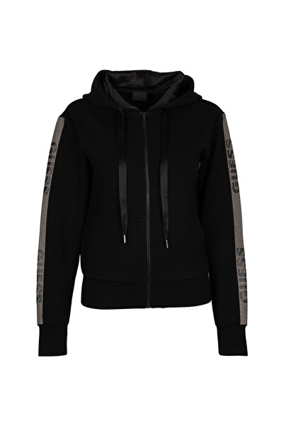 Guess Kadın Siyah Kapüşonlu Scuba Taşlı Fermuarlı Sweatshirt