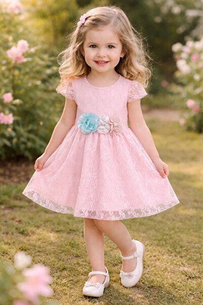 KOZADANKIDS KIZ ÇOCUK DANTEL ABİYE PEMBE RENK ÇİÇEK DETAYLI DOĞUM GÜNÜ ELBİSE...