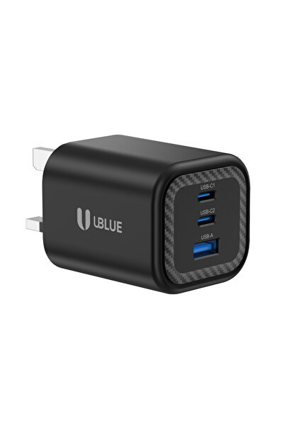 UBLUE شاحن حائط GaN بقوة 65 واط، 3 منافذ (2×USB-C + USB-A)، قابس بريطاني، تيا...