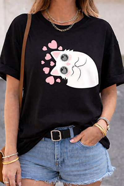 ArtYus Χαριτωμένο μπλουζάκι Unisex Oversize με στάμπα αθώας γάτας που βλέπει ...