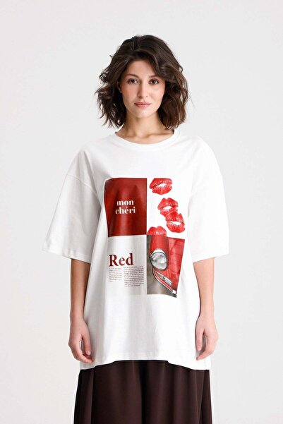 minaaise Tricou de damă din bumbac cu mânecă scurtă, cu imprimeu oversize, ec...