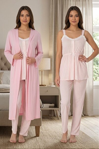 Pelin Women's Long Robe and Strap Maternity 3-Piece Pajama Set
