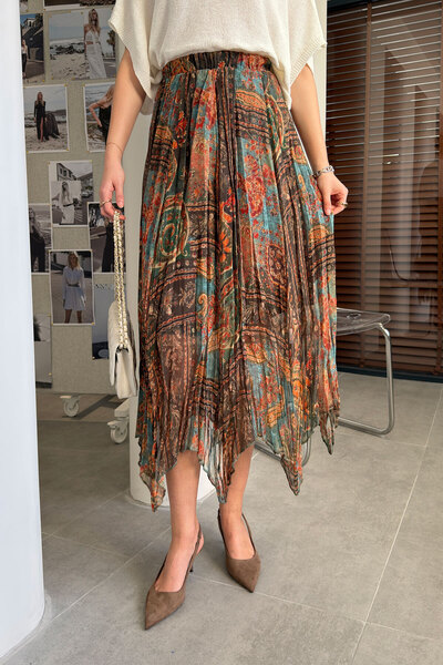 MAGARDE Φούστα σιφόν με σχέδιο σάλι και επένδυση - ΧΑΚΙ