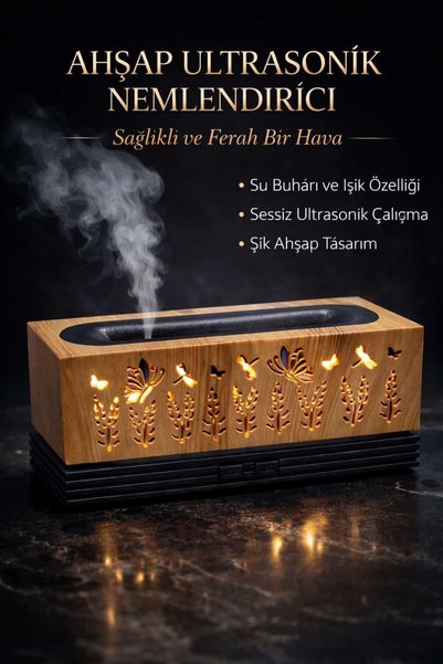 peanelife Ahşap Ultrasonik Hava Nemlendirici LED Işıklı Buhar Makinası (Sessiz & Dekoratif)