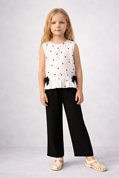 kr kids Girl's Polka Dot Blouse & Pants Set (Ecru-Black)