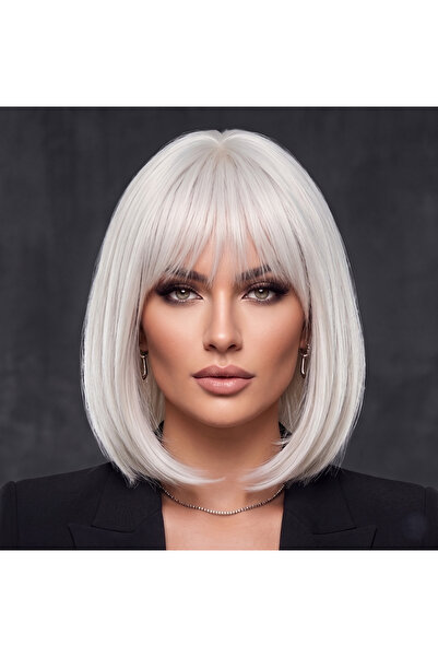 NeednStore Kadın Platin Küt Perçemli Peruk - 35 cm serisi 1. Kalite Isıya Day...