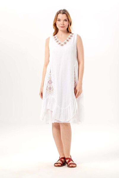 Eliş Şile Bezi Αμάνικο φόρεμα Begüm με λαιμόκοψη V, καλοκαιρινό, κεντημένο, α...