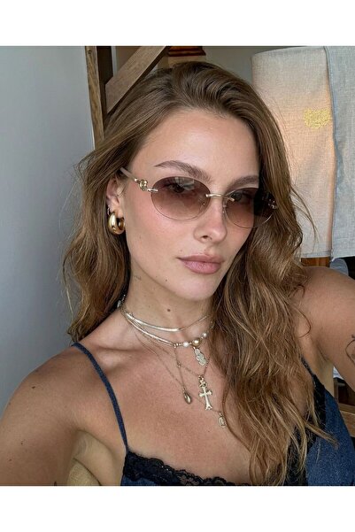 funeyes Arya Gold Metal Oval Women's Sunglasses Blue Brown with Gold Accessor...