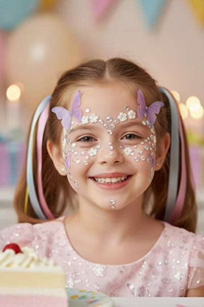 Le Mabelle Autocolant pentru față pentru fete, model fluture liliac și diamant