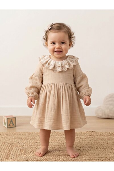 Cherrys Bebek Girl's Muslin Dress with Ruffled Collar