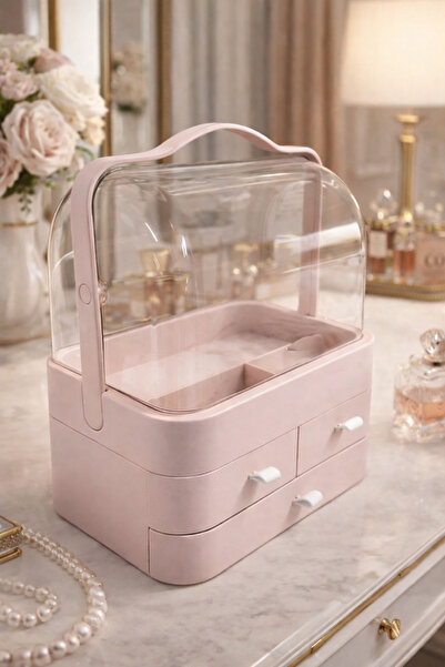 MAKRİ HOME Ροζ Οργανωτής Μακιγιάζ, 35x26x17,5 εκ., 3 Συρτάρια, Διαφανές 90 ° ...