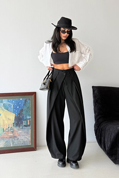 Ortaya Çık Μαύρο υφασμάτινο παντελόνι με διπλή ζώνη και εφαρμογή barrel fit