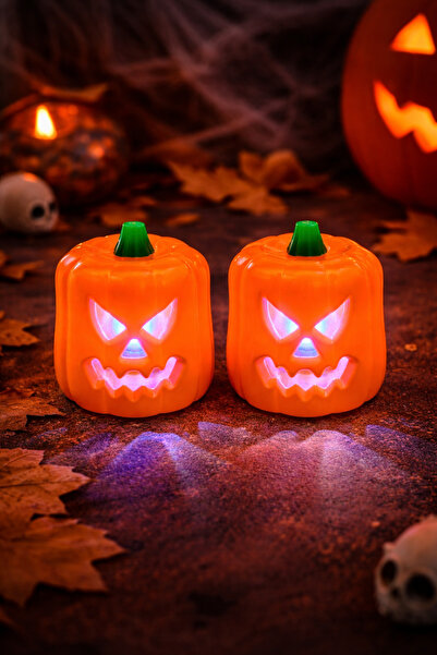 PARTİPORT 2 Adet LED Balkabağı Mum Işıklı Pilli Halloween Dekoratif Mum Seti