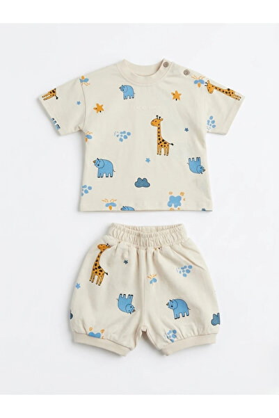 blumi kids Unisex Baby Cotton Giraffe Patterned T-Shirt and Shorts Set