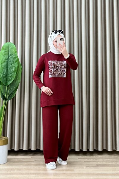 mercan moda EBRAR TAKIM Kristal Kumaş Kadın Bordo Rengi Leopar Desenli Yapışt...
