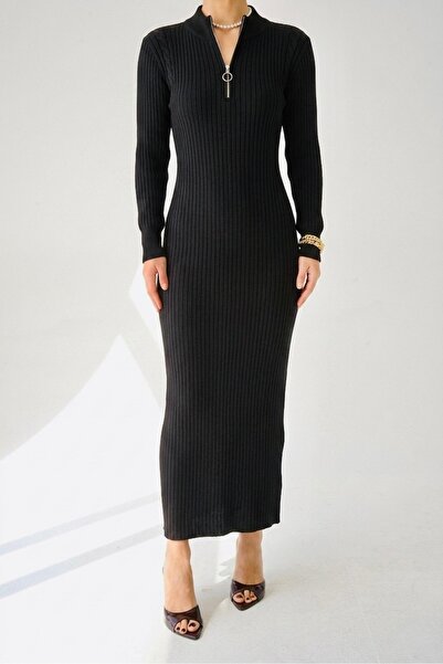 EGEMS Women's Ribbed Zipper Detailed Long Knitwear Dress 9Tvbt32X3