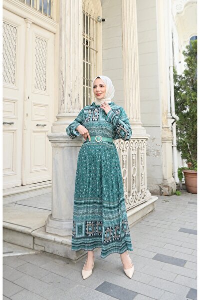 HNT Hayrunnisa Tesettür Desenli Boydan Piliseli Kemerli Şifon Elbise Mint Yeş...