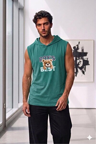 NO 601 Men's Green Hooded Sleeveless Undershirt Boys Bear Printed Tshirt