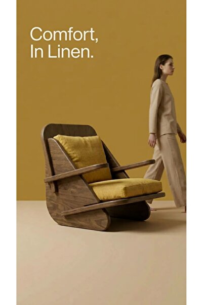 PRAKTURA STYLISH Ahşap Ceviz Berjer, Hardal Sarı Keten Kumaş Tekli Berjer