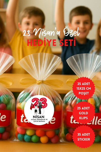 Bimotif 23 Nisan Hediye Poşeti Seti (25li Şeffaf Poşet 15x25 cm, 25 adet Klip...