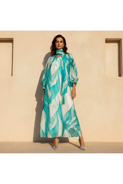 Iconic فستان نسائي مطبوع بقصة A-line وأكمام منتفخة