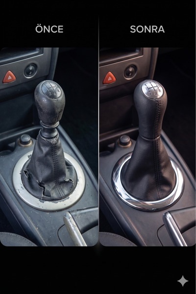 Oto Pusula Megane 2 Chrome Gear Shift Boot and Leather Patterned Gear Knob Set