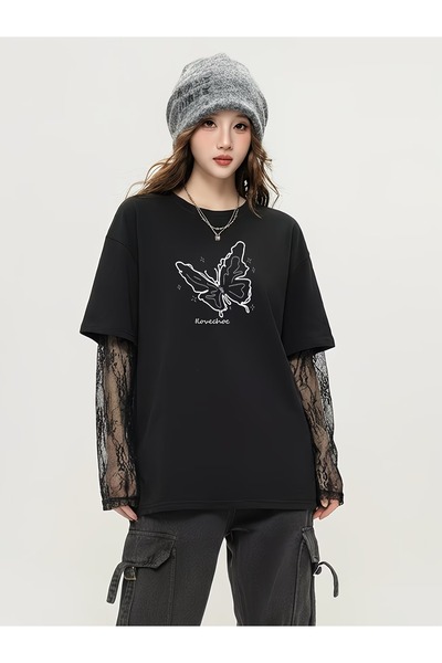 Touz Moda Νυχτερινή Πεταλούδα Μποέμ Δαντελένιο Streetwear Oversize T-Shirt με...