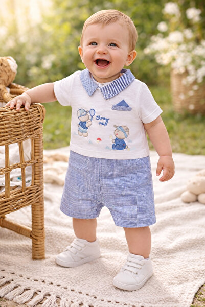 Uğur bebe %100 Pamuk Erkek Bebek Tulum Yakalı Kısa Kollu Alttan Çıtçıtlı Yazl...