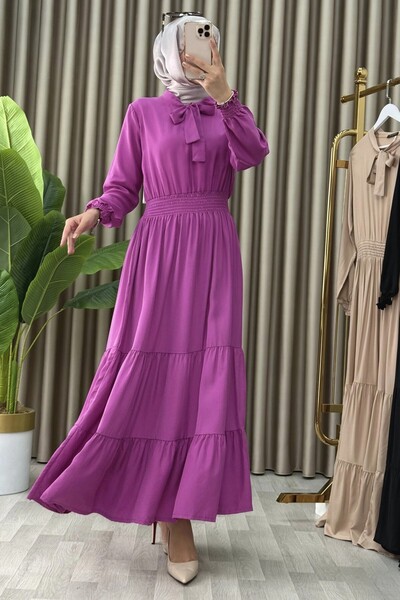 mercan moda SEVDE ELBİSE Viskon Kumaş Kadın Lila Beli Lastikli Yaka Bağlama D...
