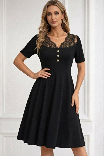 Kokosh moda Γυναικείο κοντομάνικο φόρεμα με δαντέλα και λαιμόκοψη V, με κουμπ...