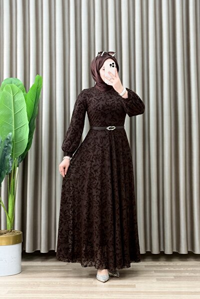 mercan moda ROMANTİK ABİYE Likralı Flok Kumaş Kadın Kahverengi Kemerli Tesett...