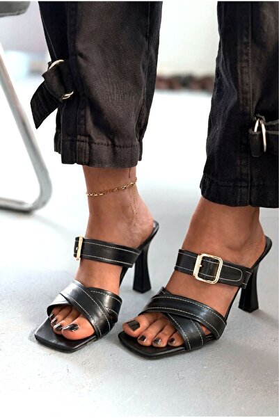 I Love Shoes Γυναικείες δερμάτινες μαύρες ματ παντόφλες με τακούνι Norden