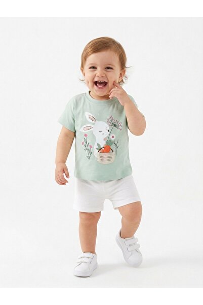 Kids Kingdom Cotton Organic Rabbit Detailed Baby Girl 2-Piece Shorts Set