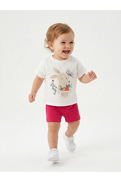 Kids Kingdom Cotton Organic Rabbit Detailed Baby Girl 2-Piece Shorts Set