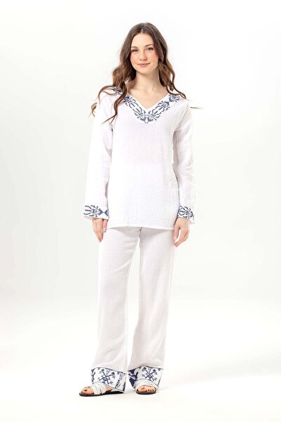 Eliş Şile Bezi بلوزة نيرفانا بأكمام طويلة وياقة على شكل حرف V مطرزة صيفية من ...