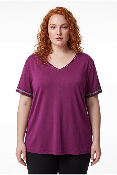 Ebsumu Women's Plus Size V-Neck Stone Purple Blouse