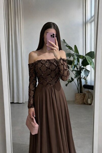 BROOKLYN STYLE Royal Off Shoulder Evening Dress with Crystal Embellishments