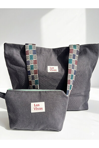 Totebag Çanta ve Makyaj Çantası, Keten Plaj Çantası 2'li Set, Kadın Omuz Çantası,