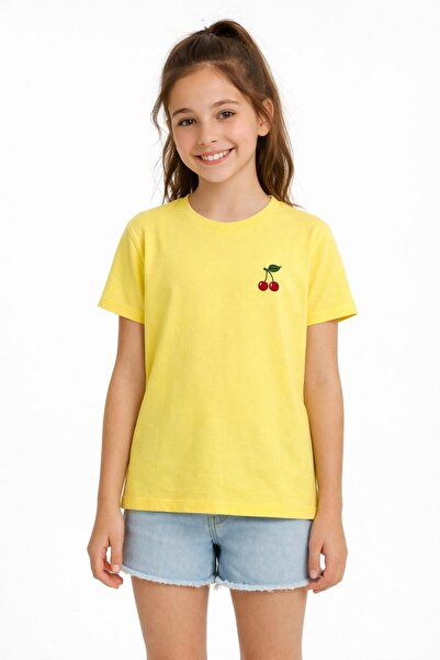 Baxia KIZ ÇOCUK SARI RENK KİRAZ Baskılı Kısa Kollu Bisiklet Yaka Tshirt (YENİ...