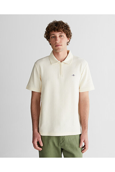 Gant Erkek Krem Regular Fit Yarım Fermuarlı Logolu Polo Yaka T-Shirt