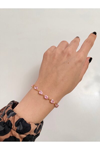 Lilith Takı Pink Heart Stone Gold Color Bracelet |   Romantic Elegant Sparkli...