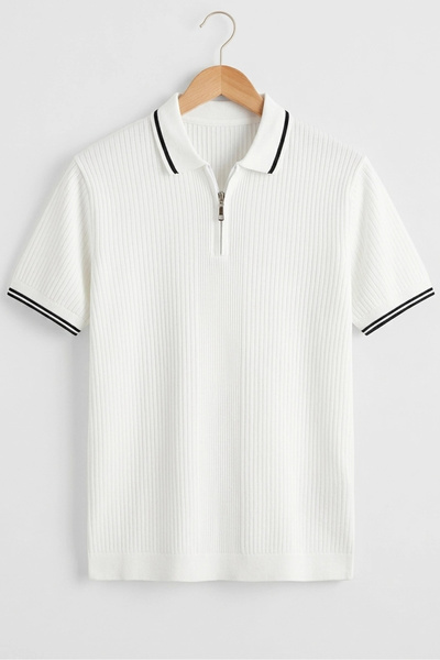 Edwox Men's Polo Collar Striped T-Shirt White Cd177