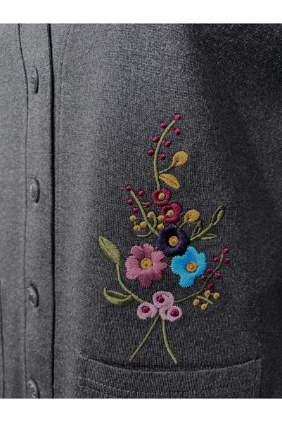 Özenli Triko Steel Mesh 5 Button Pocket Top with Colorful Floral Embroidery Mother's Vest Anthracite
