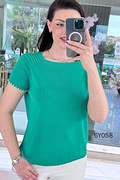 İnce Topuk Μπλούζα Πλεκτή Mercerized με Πέρλες στα Μανίκια 6y058