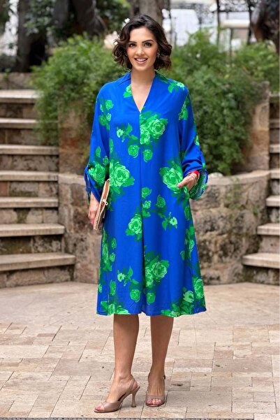 Nevin Kaya Moda Φόρεμα Robadan με πιέτες σε μπλε-πράσινο με τριαντάφυλλα