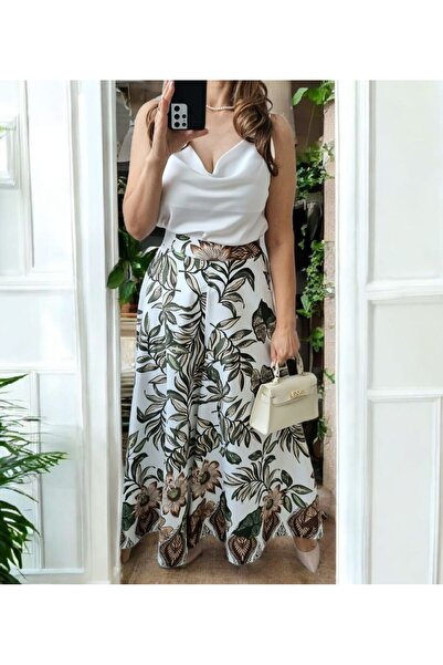 styleFlex Pantaloni Wide Leg din Bumbac 100% cu Imprimeu Floral și Talie Elas...